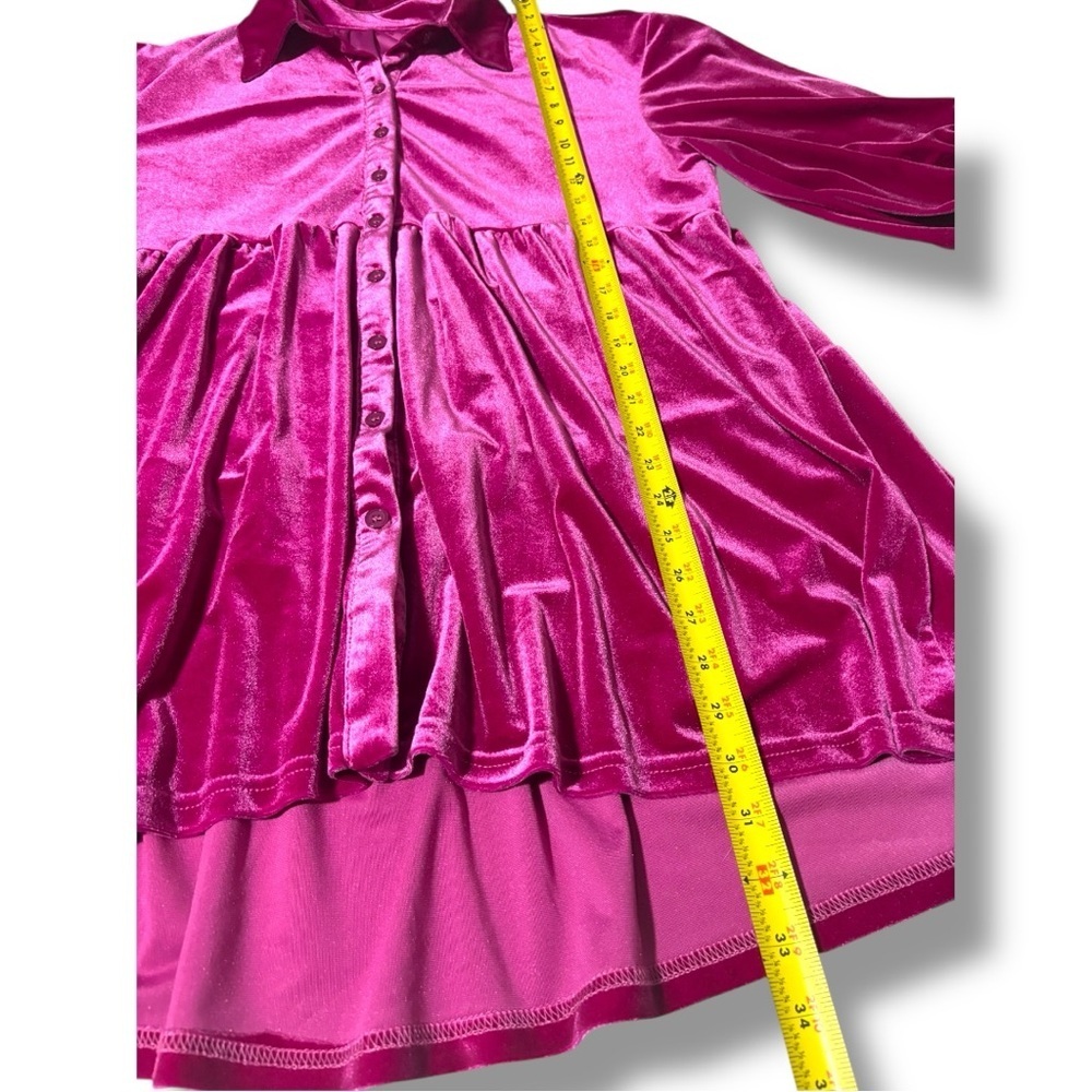 Chic Fuchsia Button-Front Velvet 3/4 Balloon Sleeves Tiered Collared Tunic Top - Picture 10 of 16